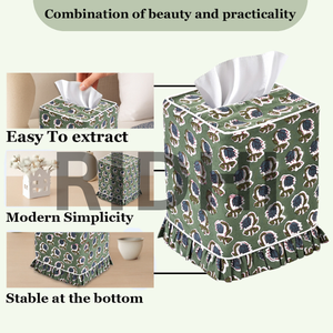 Boîte à mouchoirs en tissu écologique classique à imprimé à volants vert basilic Ridhi, décoration indienne carrée pour la maison, l'hôtel, la chambre à coucher - Product Image 6