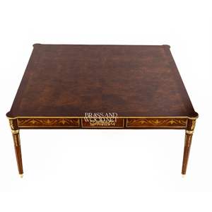 Mesa de Centro Cuadrada Grande de Madera de Lujo con Elegante Borde Incrustado y Detalles Ornamentales de Latón Dorado para Salas de Estar Clásicas - Product Image 2