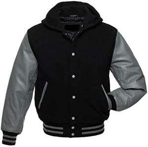 Veste universitaire noir et gris hommes à capuche Baseball Bomber Logo personnalisé laine et cuir manches Streetwear manteau - Product Image 4