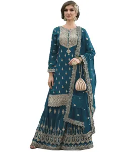 Costume Salwar en soie brodée cousu exquis avec filet Dupatta pour femme disponible à un prix abordable depuis l'Inde