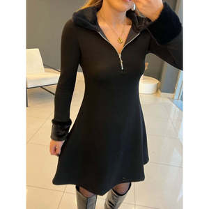 Robe courte en viscose à deux fils pour femmes, à manches longues, col en fourrure, fermeture éclair, 29165 - Noir - Product Image 2