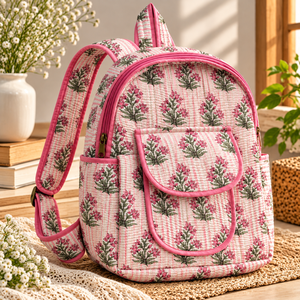 Floral Pink Quilted Cotton Student <b>Backpack</b> With Zipper Closure Front Pockets Adjustable Shoulder Straps For School And <b>College</b> - Product Image 1
