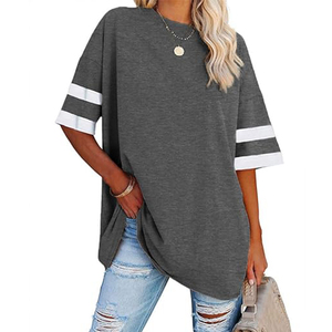 T-shirt à col rond surdimensionné à manches courtes pour femmes gris foncé coupe ample respirant toile broderie décoration Style d'impression décontracté - Product Image 1