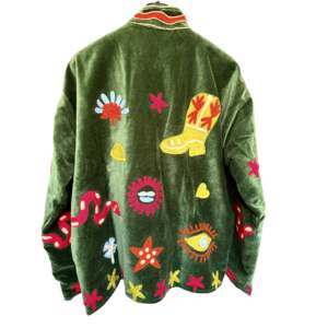 Lady's Green Velvet Embroidered <b>Jacket</b> Floral <b>Pattern</b> Reversible <b>Quilted</b> Western Outerwear for Spring Autumn Cotton Polyester - Product Image 2