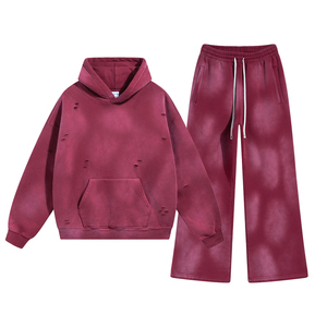 Alta calidad de moda Vintage desgastado lavado ácido 360GSM polar algodón atlético de gran tamaño sudaderas con capucha y pantalones de chándal conjunto de mallas - Product Image 2