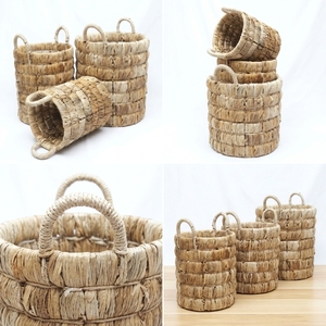 Natural Banana Bark <b>Storage</b> <b>Basket</b> Set Iron Frame <b>Stacked</b> Ring Arch Handle Cylinder Pot Planter Pure Art Setup Room Decor Craft - Product Image 4