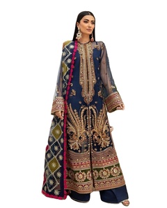Elegante Salwar Kameez de Seda Azul Marino Bordado con Hilo Dorado y Detalles de Piedras para Mujer, Ropa de Boda India Pakistán - Product Image 3