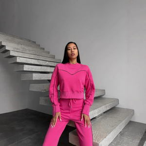 Femmes décontracté solide rayé sweat deux pièces ensemble en gros à manches longues col rond hiver vers le bas épaule survêtement - Product Image 5