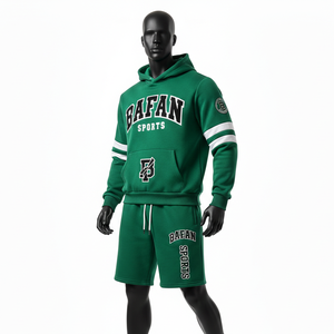 ชุดเซ็ตฮู้ดดี้และกางเกงขาสั้นผ้าฝ้ายฟลีซพรีเมียมสำหรับผู้ชาย สีเขียว แถบลายที่แขนเสื้อ ปักโลโก้แบบแอพพลิเค่ตามสั่ง - Product Image 4