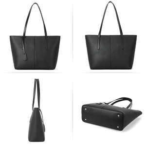 Black Genuine Leather Tote Bag Women Minimalist Open <b>Top</b> Daily Use Handbag - Product Image 2