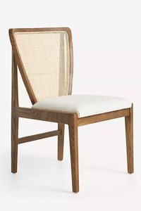 Chaise de salle à manger moderne en bois avec dossier en rotin trapézoïdal et coussin en tissu - Product Image 2