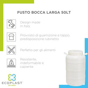 Ecoplast Fusto Bocca Larga 50L, Contenedor de Plástico Resistente para Uso en la Cocina, Deformable, para Guardar Líquidos y Aceite, con Cierre a Presión - Product Image 1