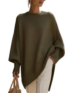Customized <b>Women</b> Olive Green Oversized Knit Poncho Sweater Loose Fit Batwing Sleeve <b>Warm</b> Winter Ladies Pullover Fashion <b>Top</b> - Product Image 1