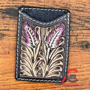 Offre Spéciale femmes usiné à la main en cuir porte-cartes Western en cuir véritable petit portefeuille Floral violet feuille porte-monnaie porte-cartes - Product Image 1