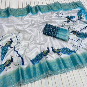 Sari de Seda de Lichi Pura de Primera Calidad, Tejido Jacquard con Zari, Estampado de Pavo Real Kalamkari, Lentejuelas Bordadas, Encaje Calado - Product Image 1