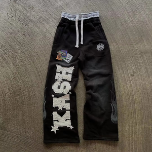 กางเกงวอร์มขาบานแบบวินเทจเข็มขัดเอวสองชั้นผ้าเทอร์รี่โอเวอร์ไซส์บาน - Product Image 4