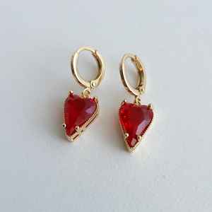 Boucles d'oreilles créoles en argent sterling 925 plaqué or 14 carats, forme cœur rouge rubis naturel, vintage, mignonnes, pendantes - Product Image 2