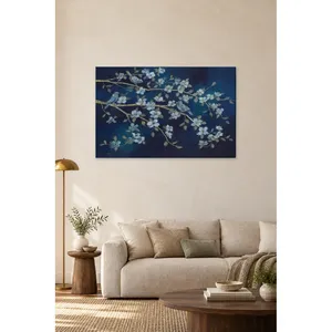 Impression sur toile Fida avec motif de branche florale bleu marine et d'oiseaux bleus - Product Image 4