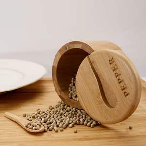 2pcs <b>Bamboo</b> Salt and Pepper Bowls Cellar with Magnetic Swivel Lid <b>Containers</b> Serving Spoons Box Engraved for Salt Pepper - Product Image 2