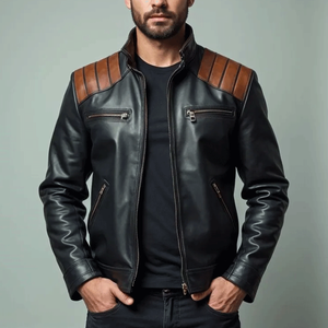 Chaqueta de motorista de talla grande de invierno de cuero negro de estilo retro con rayas de hombro marrones Chaqueta de corredor de motocicleta vintage - Product Image 1