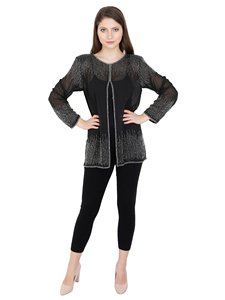 Último diseño cuello redondo plata oro lentejuelas Mujer ropa Chaqueta corta noche vacaciones fiesta vestido mano con cuentas trabajo - Product Image 5