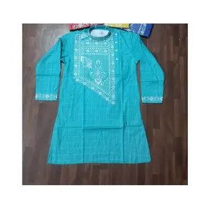 OEM Custom Made katun Kurta pria dengan pola bordir lengan pendek 150 GSM langit warna biru katun Kurta untuk dijual