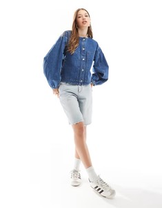 Women Denim Jacket Collarless <b>Balloon</b> Sleeve Indigo Wash Round Neck Midseason Layering Button Placket Wholesale Casual Chic - Product Image 1