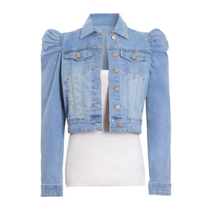 Customized Women <b>Jeans</b> Jacket Top Cotton Stretch Puff Sleeve Light Blue Short Length Acid Wash <b>Jean</b> Jacket Size 10 12 14 16 8 - Product Image 1