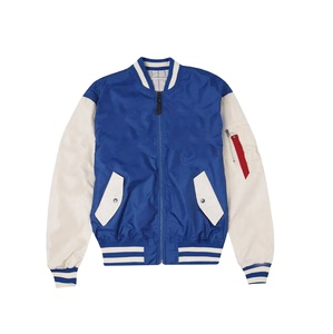 Servicio OEM Disponible, Chaqueta Universitaria de Satén Personalizada, Chaqueta Bomber Informal con Letras Bordadas para Hombre, Azul Satén - Product Image 1