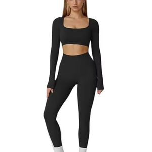 Ensembles de sport pour femmes 2 pièces haut court sans dos à manches longues et leggings taille haute ensembles de jogging athlétiques de gym - Product Image 1