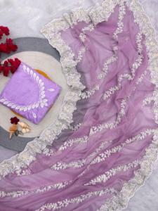 Fantaisie mousseline de soie lavande mariage Saree ennemi femmes fille ethnique fête de mariée Diwali Festival vêtements les plus vendus avec chemisier ethnique - Product Image 3