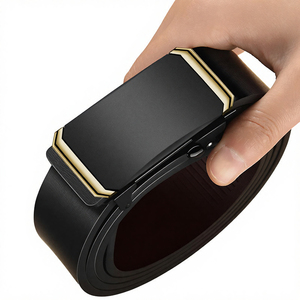 Men's Automatic Buckle <b>Belt</b> Solid Black Cow Hide Leather Formal Style Geometric Design Durable One-Piece Molding - Product Image 6
