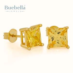 Boucles d'oreilles en moissanite pour hommes en argent 925 plaqué or 14 carats jaune coupe princesse style hip hop - Product Image 1