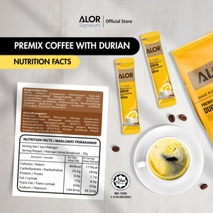 Café blanc malaisien ALOR Premium (25g x 16 sachets) Certifié Halal GMP ISO22000 Poudre de cappuccino au durian Saveur de fruits sucrés - Product Image 3