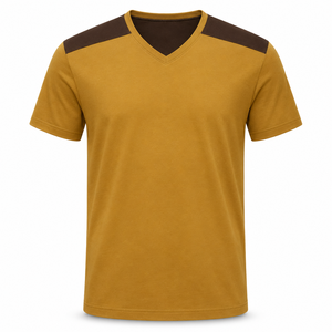 Camiseta de Algodón Personalizada con Cuello en V Color Mostaza y Paneles en los Hombros Color Chocolate, Ropa al por Mayor para Hombre de Manga Corta - Product Image 1