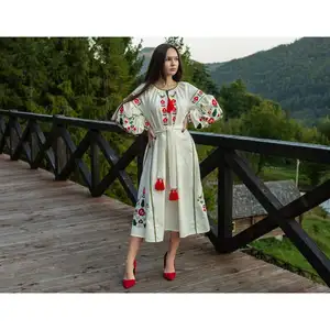 New Fashion Wholesale vintage look white Ukrainian Dress with red embroidery with tassel full sleeve long maxi dress