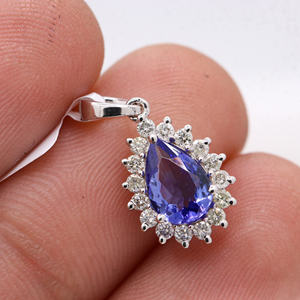 Vente en gros de pendentifs pour femmes en plaqué or blanc 18 ct faits à la main bijoux en pierres précieuses GIA diamant tanzanite en forme de poire pour les fêtes - Product Image 1