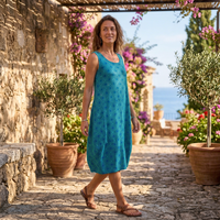 Robe midi sans manches à imprimé géométrique turquoise, coupe ample, col en U, tissée, décontractée, douce, estivale, écologique, respirante, taille naturelle