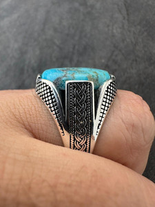 Bague de richesse unisexe en argent sterling massif 925 oxydé laboratoire créé véritable pierre turquoise bleue bijoux de mode certifiés IGI - Product Image 3