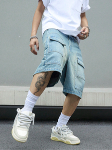 กางเกงยีนส์ขาสั้นขากว้างสำหรับผู้ชายกางเกงเอวสูงแบบลำลองกางเกงแฟชั่นผ้าเดนิมผ้าฝ้าย100% ออกแบบได้ตามต้องการ - Product Image 2