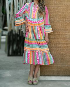 Vestido Midi Boho con Cuello en V y Mangas Farol, Estampado Geométrico, Dobladillo con Volantes, Corte Holgado, Vestido Casual de Verano, Color Caramelo, Tejido de Tela - Product Image 1