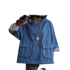 Sudadera con capucha de mezclilla para mujer, estilo boutique, al por mayor, de verano, informal, nueva, a la moda, holgada, retro, lavada, no tejida, antipilling, con cordón - Product Image 3