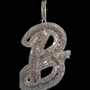 Customized B Letter Baguette Cut Diamond Pendants Charms Pendant VVS Moissanite Diamond Hip Hop Pendant for Men Women - Product Image 2