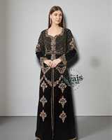 AWAIS HOUSE Caftan Hijab Longue Manches Léger Style Marocain Grande Taille pour Femme en Velours Polyester Brodé à la Main Longueur Ras du Sol