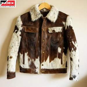 Chaqueta de Cuero Vacuno con Estampado de Vaca, Color Marrón y Blanco, Estilo Motociclista, para Hombre, Invierno - Product Image 1