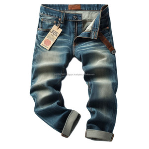 Classic Vintage Men's Straight Fit Jeans High Waist 280-400 GSM Stretched <b>Denim</b> <b>Fabric</b> Washed Pockets Solid Made Spring - Product Image 1