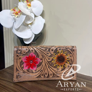 Nueva billetera tallada a mano, billeteras florales de cuero plegables, diseño de girasol de cuero con herramientas para mujer, billetera de cuero genuino - Product Image 1