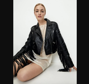 Chaqueta de motorista con detalle de flecos cortos de cuero auténtico, ropa occidental de moda para mujer, chaqueta de cuero al por mayor hecha en Pakistán - Product Image 2