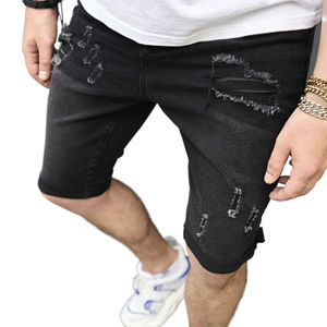 Parche bordado con apliques, ninguno, pantalones cortos de mezclilla holgados elásticos, pantalones vaqueros de gran tamaño, pantalones cortos de mezclilla desgastantes con lavado ácido para hombres - Product Image 4