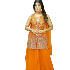 Ensemble Salwar Kameez réversible trois pièces en tissu Faux Georgette multicolore avec broderie avant et arrière et dupatta assortie pour les fêtes - Product Image 1